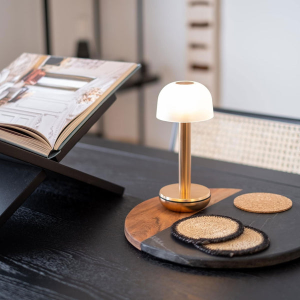 The Two IP65 LED Rechargeable Portable Table Lamp In Gold With Frosted Glass Shade