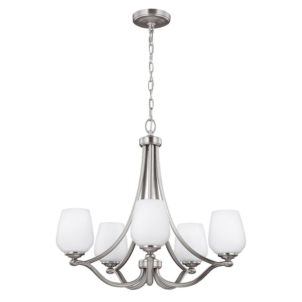 Vintner Five Light Chandelier in Satin Nickel and Opal Etched Glass Shades