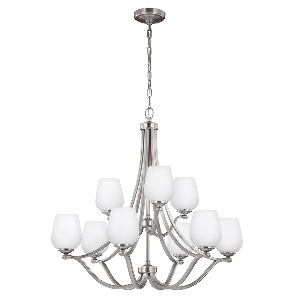 Vintner Nine Light Chandelier in Satin Nickel and Opal Etched Glass Shades