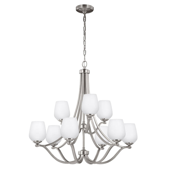 Vintner Nine Light Chandelier in Satin Nickel and Opal Etched Glass Shades