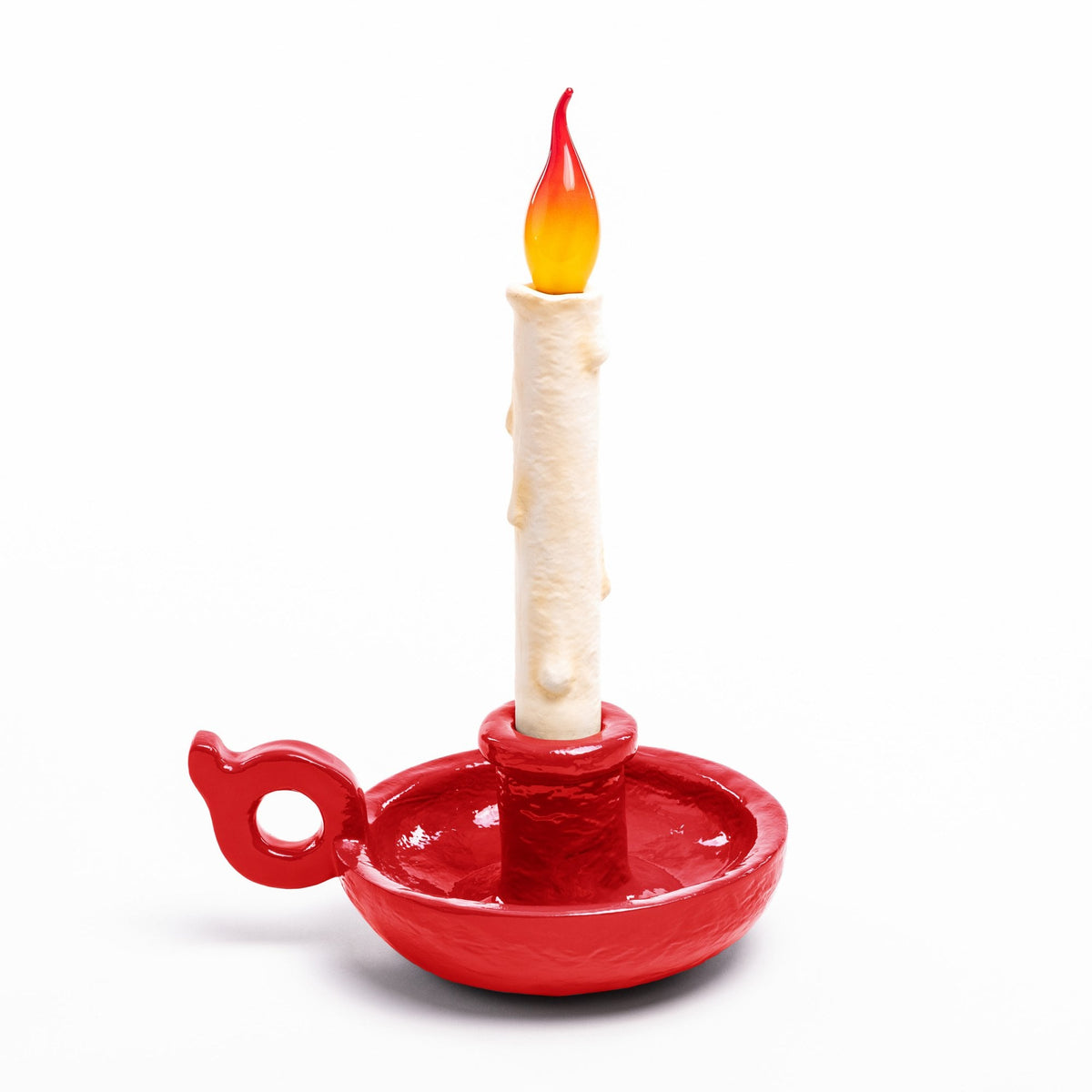 A red candle holder with a faux dripping wax candle featuring a flickering orange-red flame.
