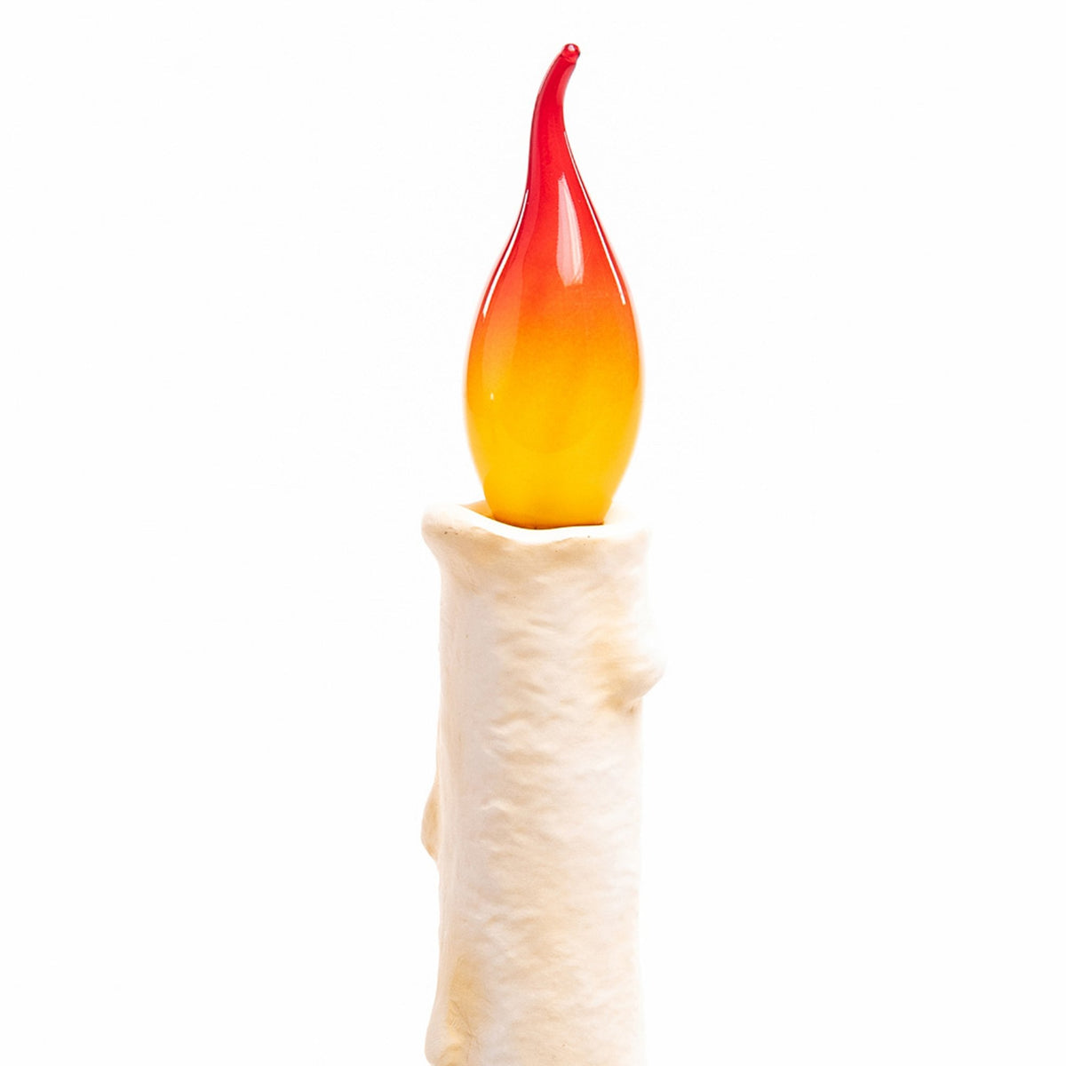 Close-up of the LED flame and textured faux wax of the candle, on a white background.