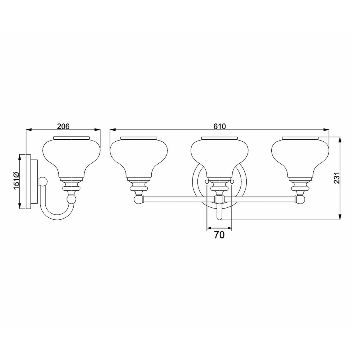 Ainsley IP44 Triple Wall Light in Polished Chrome with Opal Glass