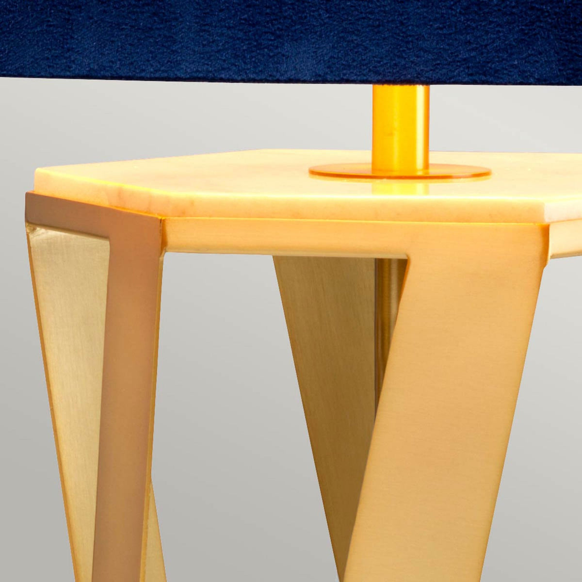 Apollo Table Lamp in Brushed Brass with Navy Blue Faux Suede Hexagonal Shade