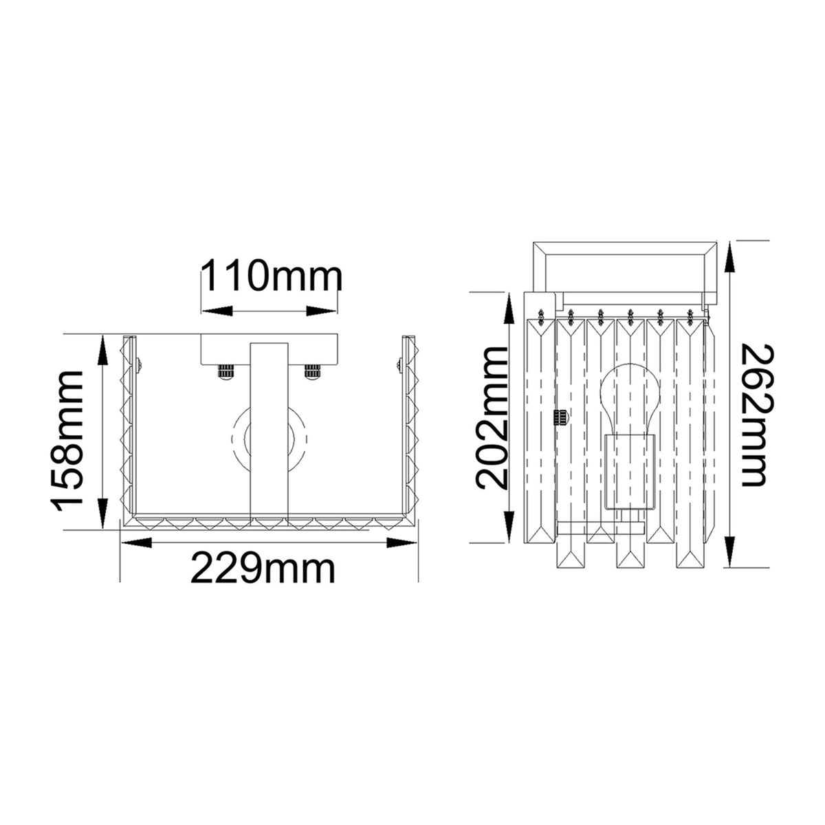 A detailed diagram illustrating the dimensions and fitting measurements of the wall light.