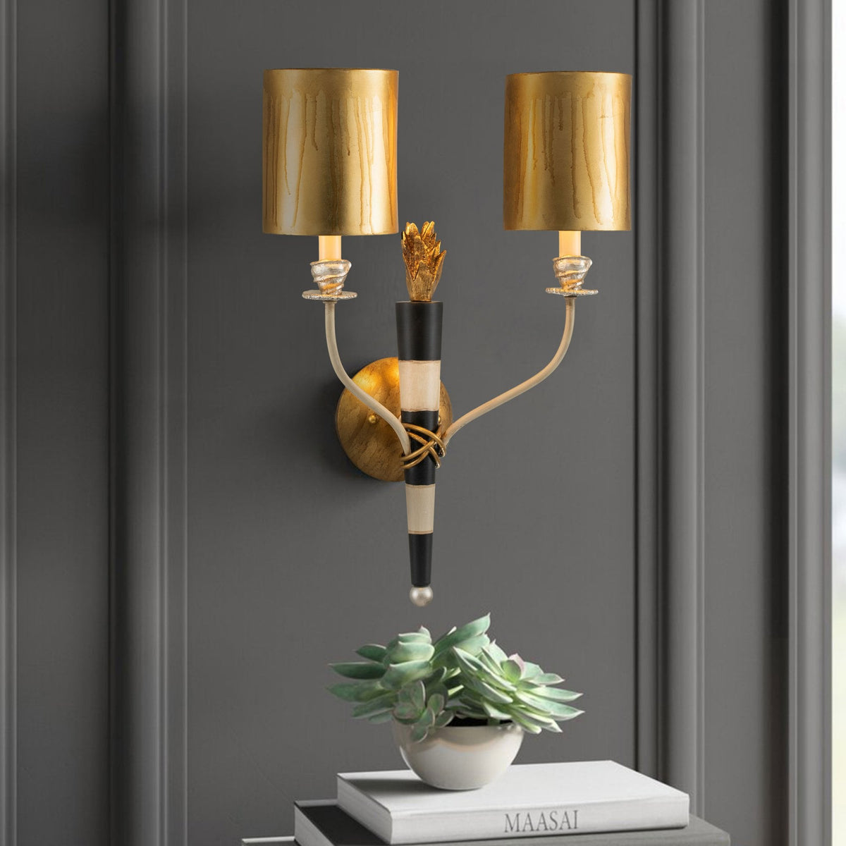 Flambeau Twin Wall Light in Black Cream & Gold Leaf