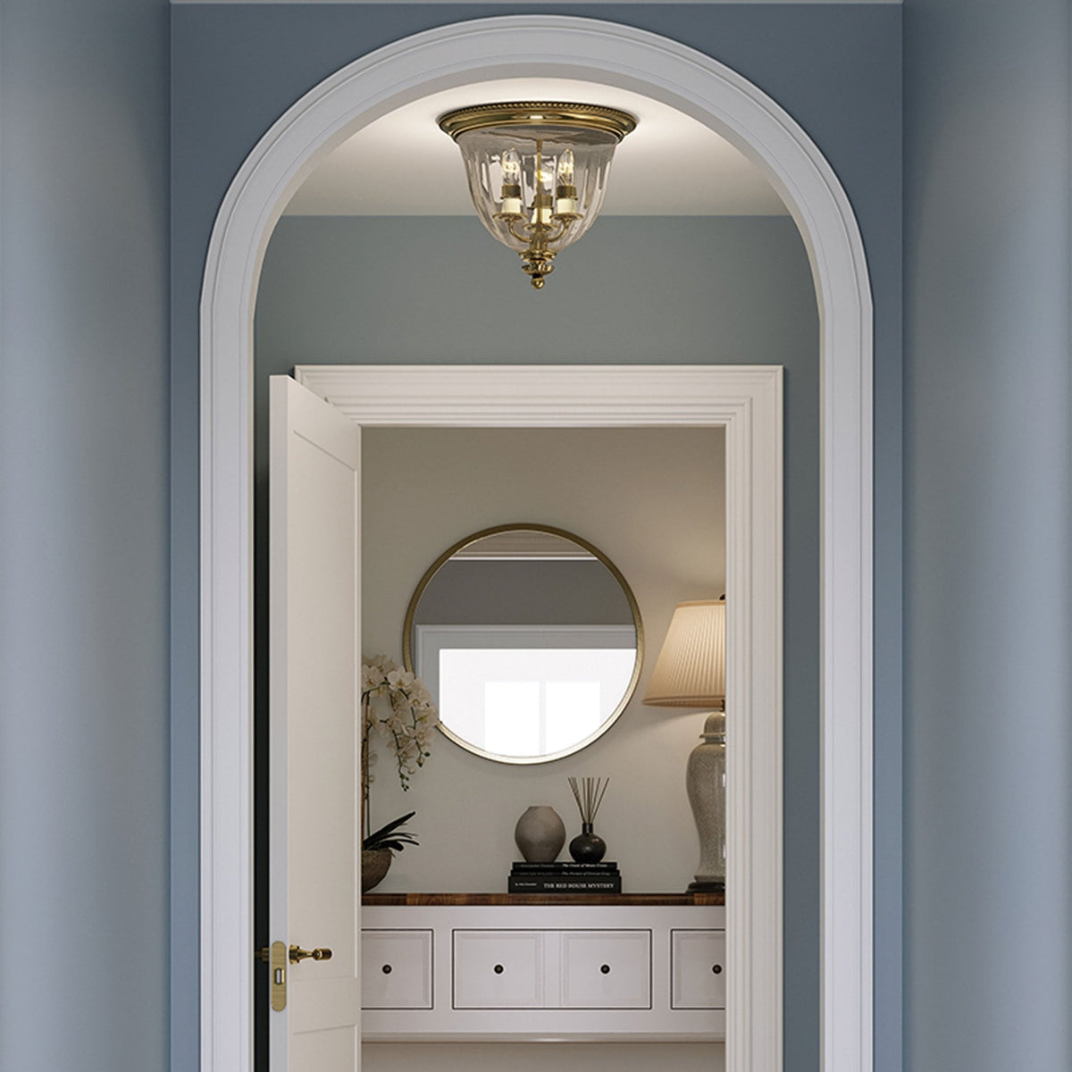 Cambridge Three Light Flush Mount Light in Burnished Brass