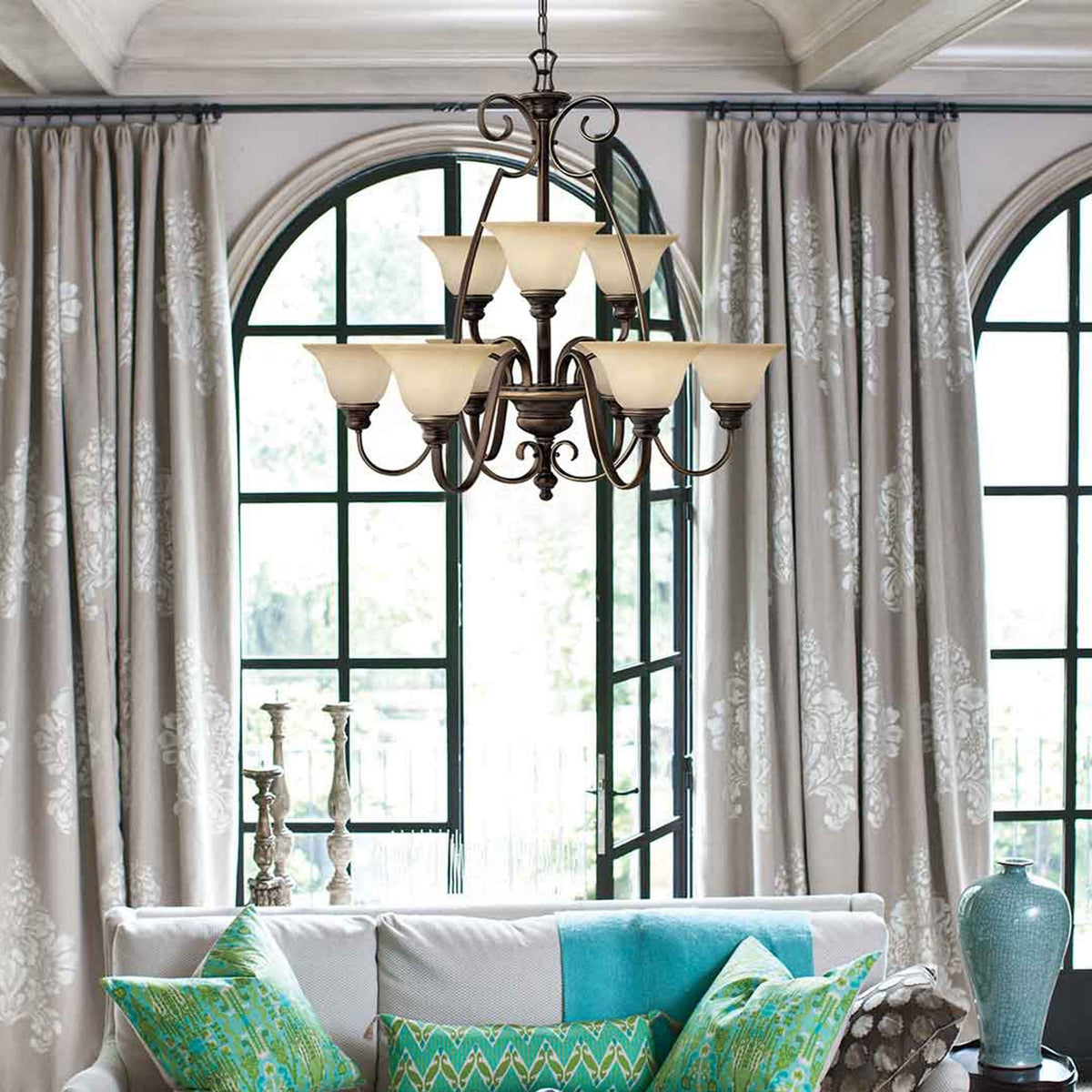 Cello Six Light Chandelier in Antique Bronze & Alabaster Glass