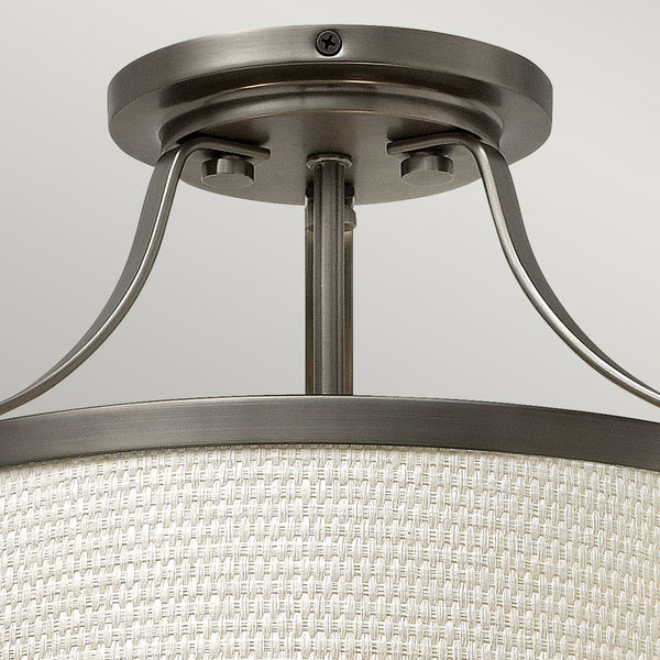 Charlotte Semi Flush Ceiling Light in Antique Nickel with Linen Shade