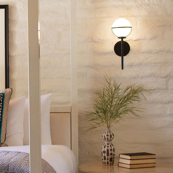 Hollis IP44 Single Wall Light in Black with Opal Glass