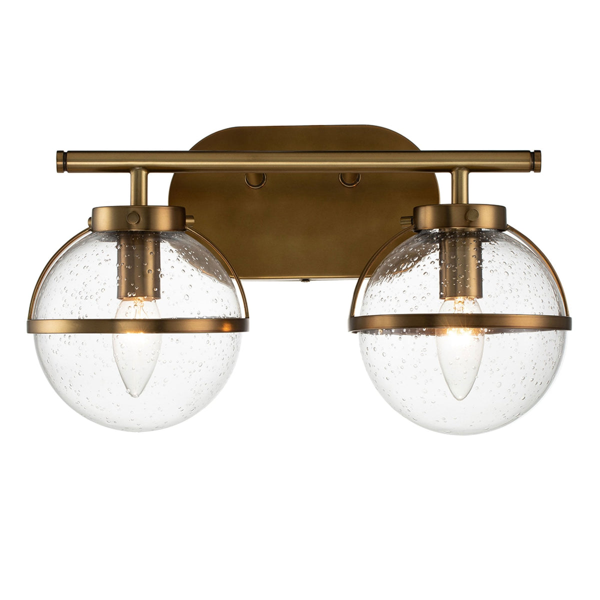 Hollis IP44 Twin Wall Light in Heritage Brass with Clear Seeded Glass