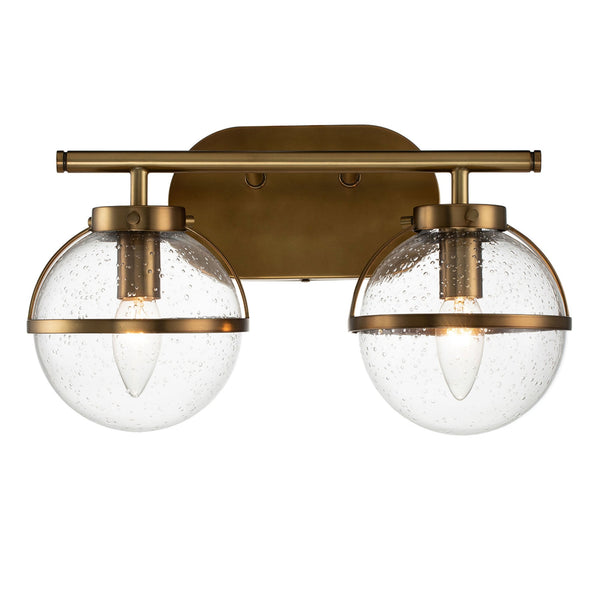 Hollis IP44 Twin Wall Light in Heritage Brass with Clear Seeded Glass