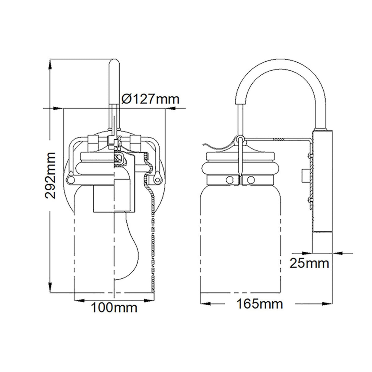 Technical drawing illustrating the dimensions of the wall sconce, including height, width, and depth.