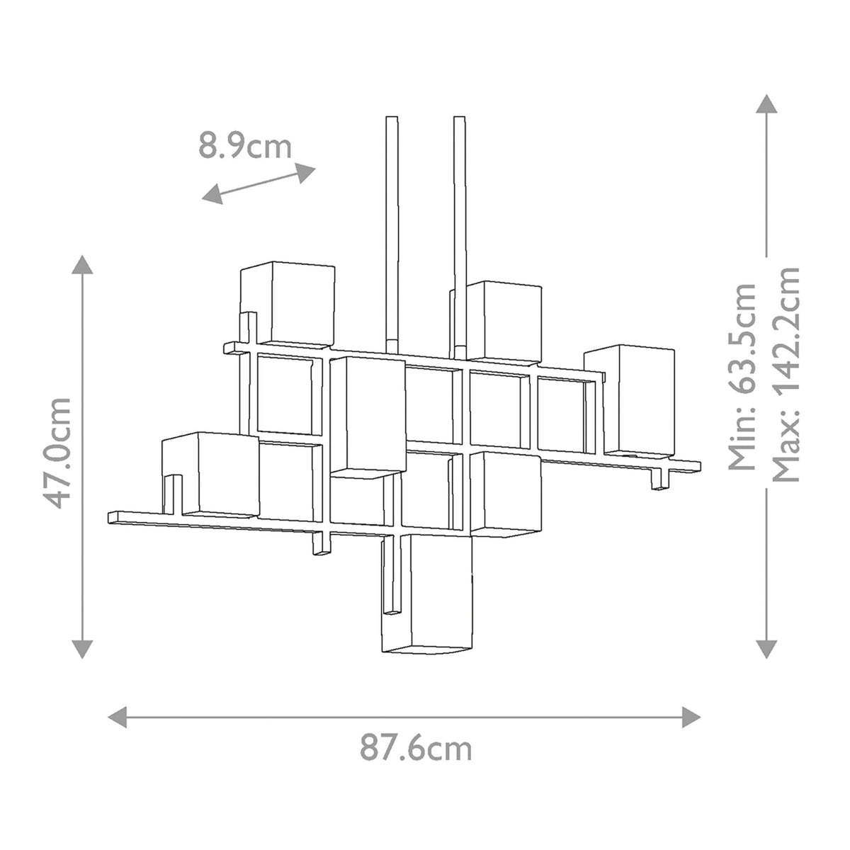 A line drawing of the rectangular chandelier, showing precise dimensions for installation.