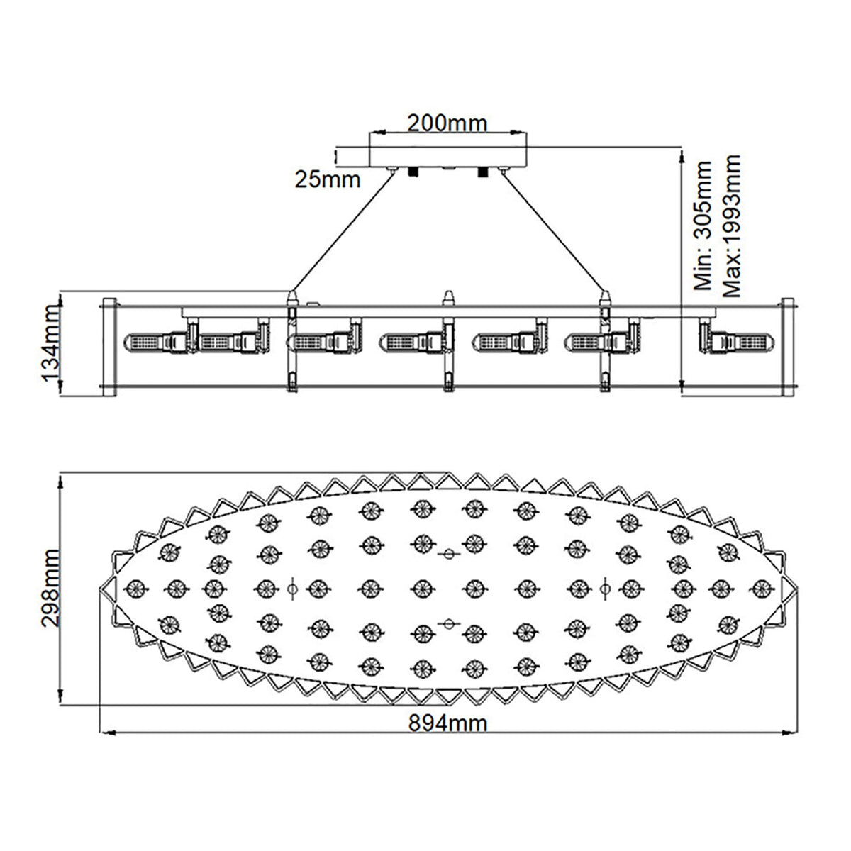 Technical diagram displaying the dimensions of the oval crystal chandelier from two perspectives.