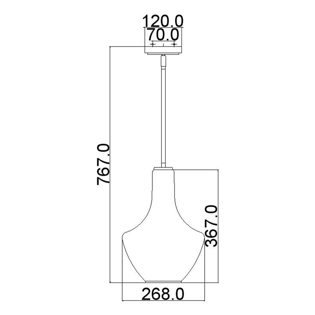Dimensional drawing of the pendant light showing height, width, and canopy measurements.