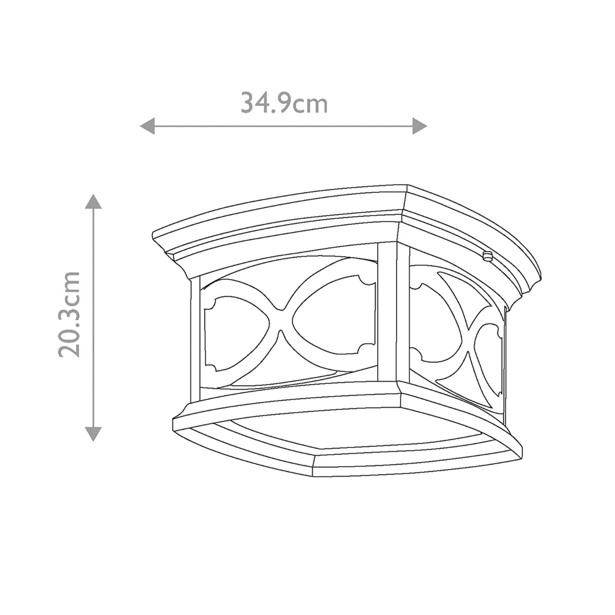 A line drawing of the flush mount outdoor light with dimensions of 34.9cm and 20.3cm.