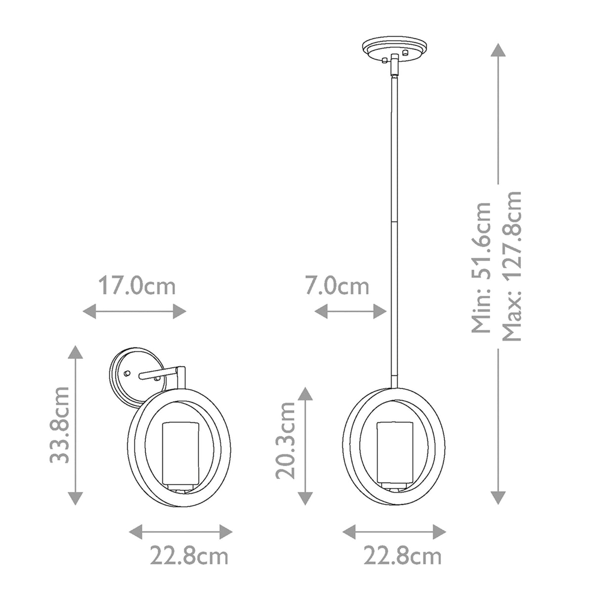 Dimensions for a wall sconce and a pendant light, showing heights and widths.