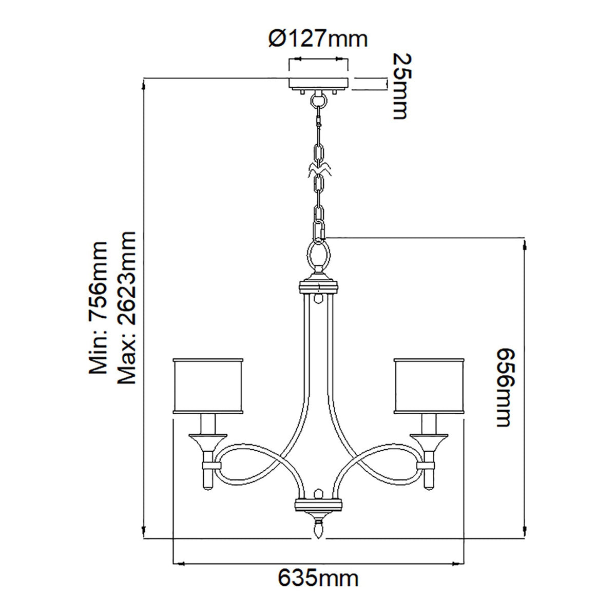 A diagram with measurements for a two-light chandelier.