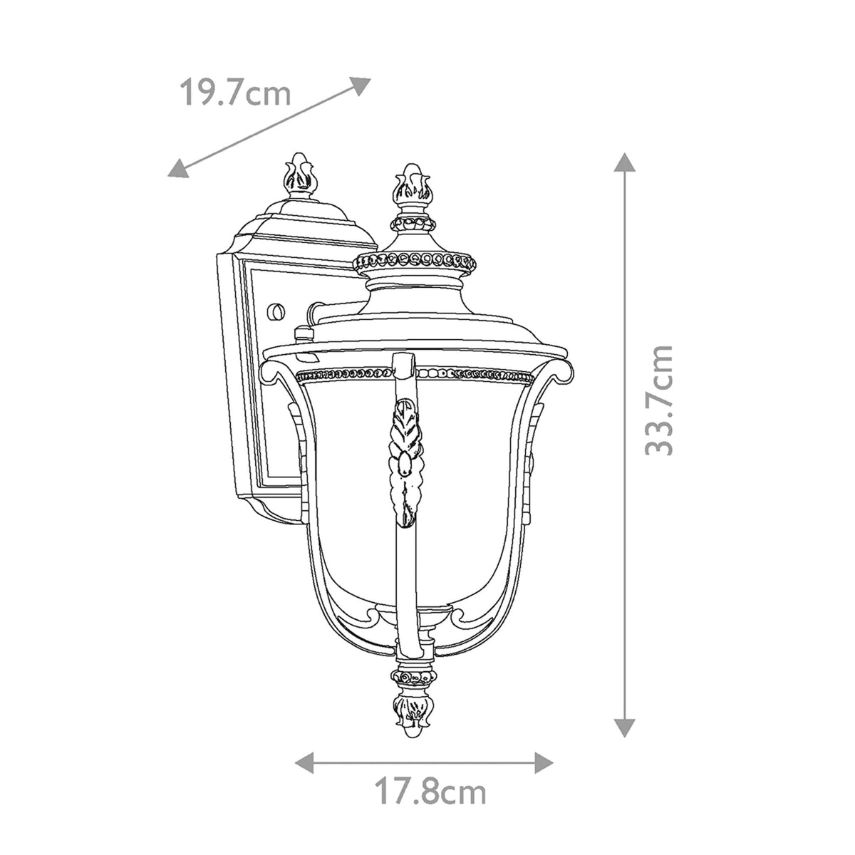 Line drawing of the outdoor wall light with dimensions: 33.7cm H x 17.8cm W x 19.7cm D.
