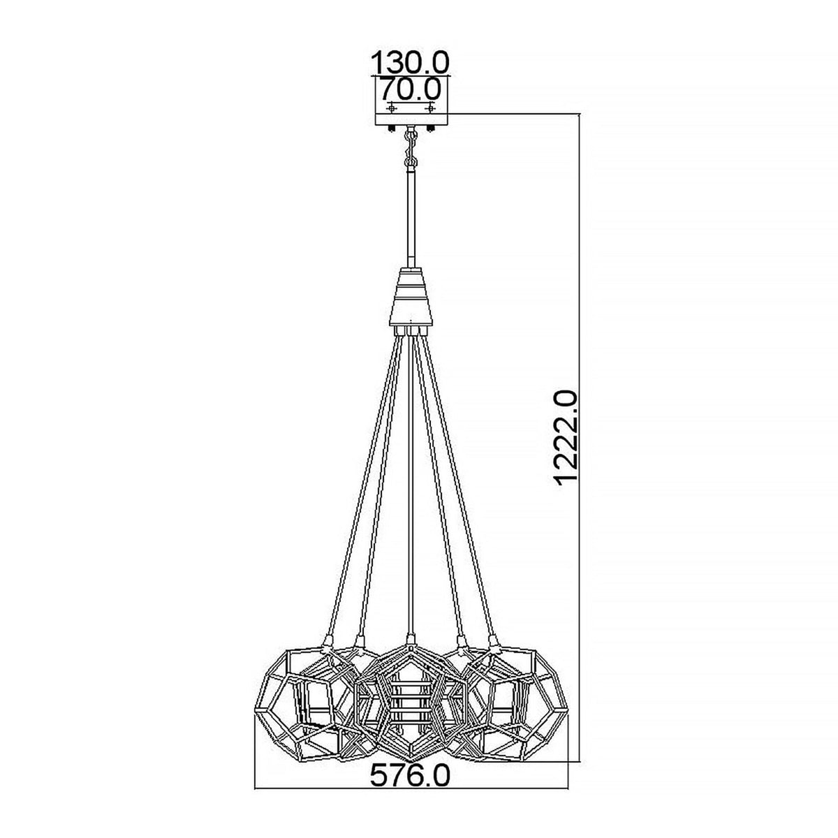 A line drawing providing precise dimensions for the five-light cluster pendant.