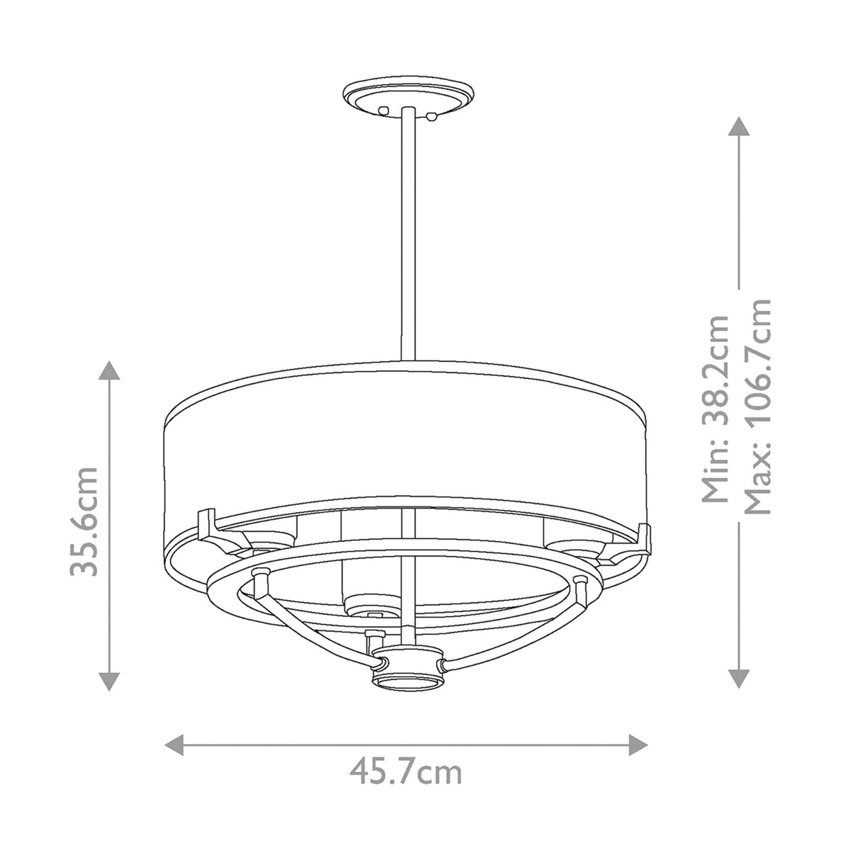 Line drawing of the ceiling light with key dimensions for height and width.