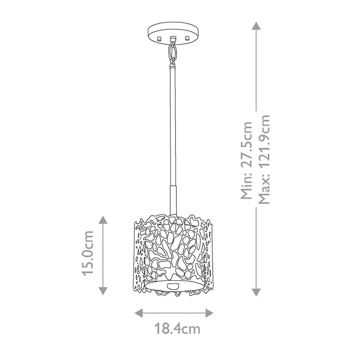A diagram illustrating the pendant light's dimensions, including height and width measurements.