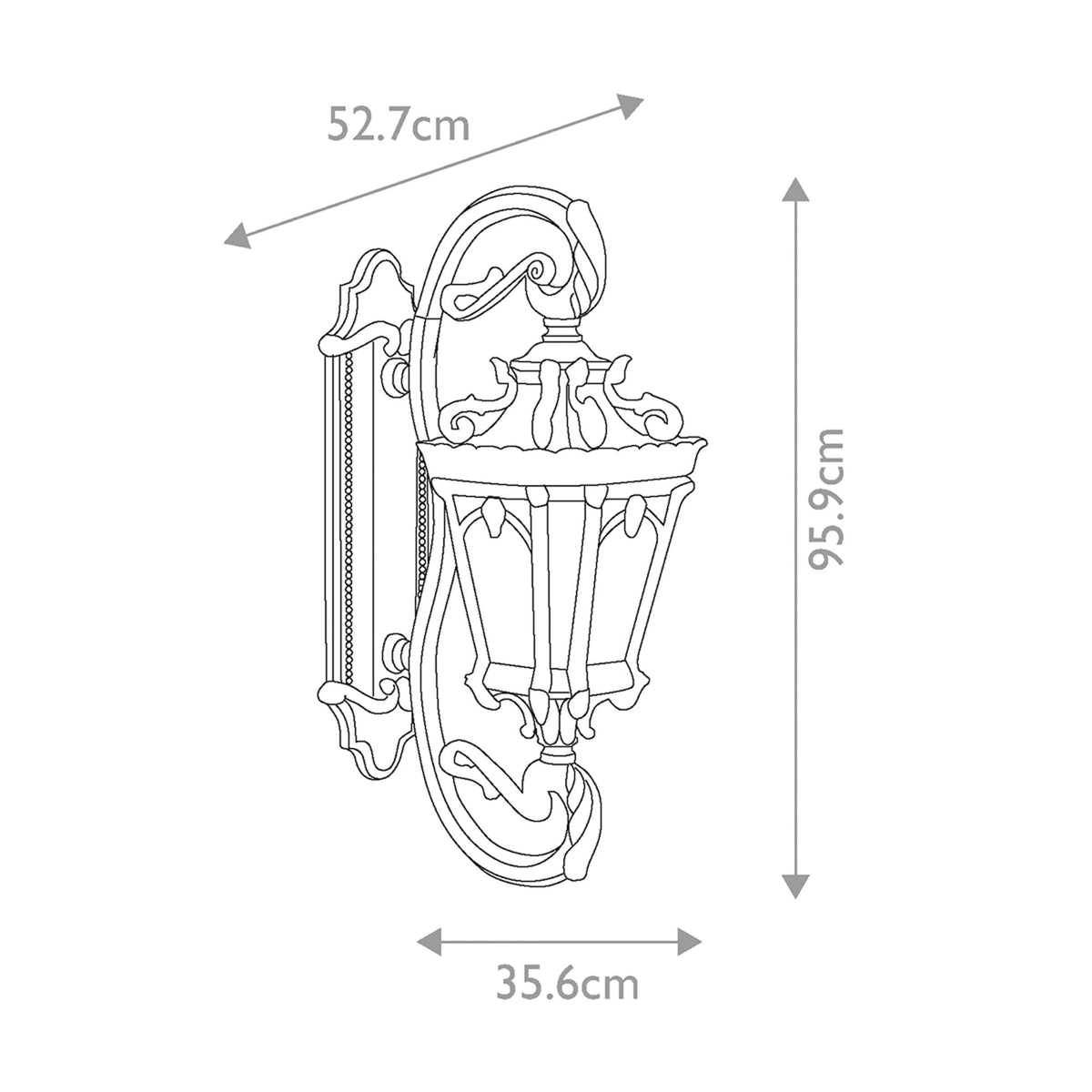 Line drawing of the outdoor wall light with height, width, and projection dimensions.