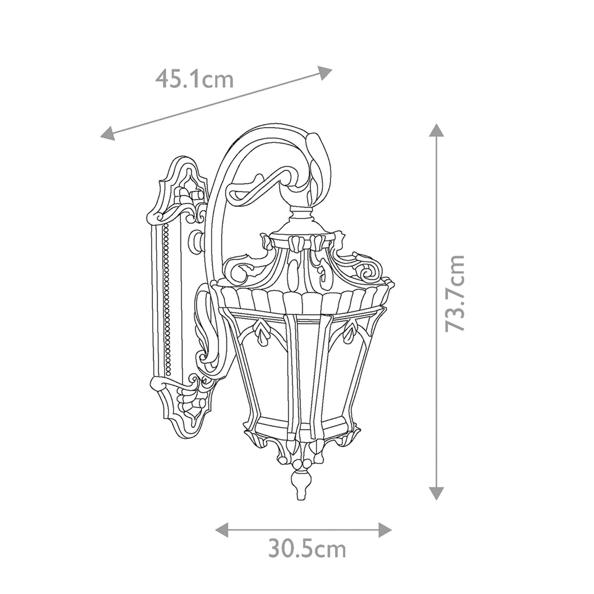 A diagram illustrating the dimensions of the outdoor wall light in centimetres.