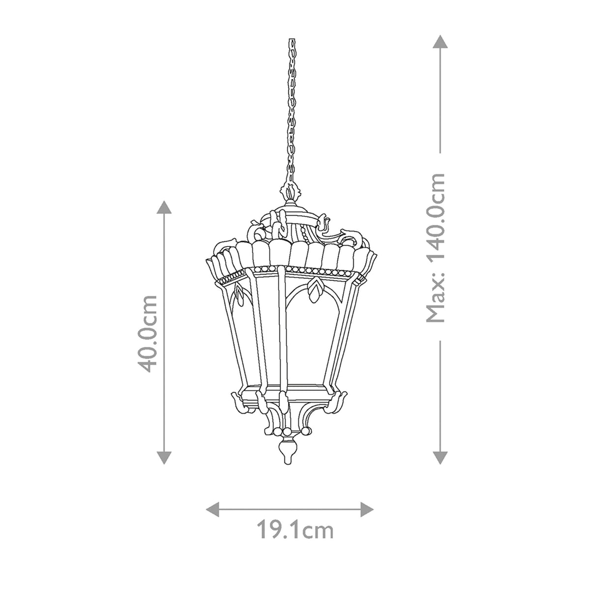 A line drawing of an outdoor hanging lantern with dimensions: height 40.0cm, width 19.1cm.