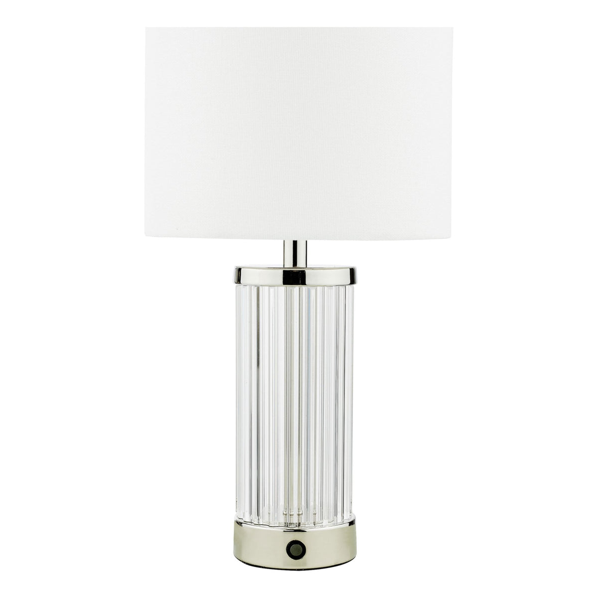 Enrico Rechargeable Table Lamp In Polished Nickel & Glass With White Linen Shade