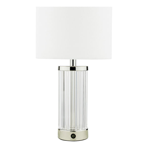 Enrico Rechargeable Table Lamp In Polished Nickel & Glass With White Linen Shade