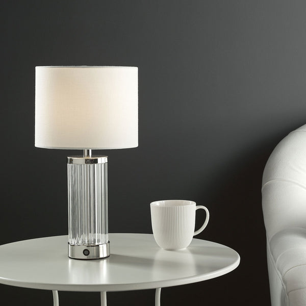 Enrico Rechargeable Table Lamp In Polished Nickel & Glass With White Linen Shade