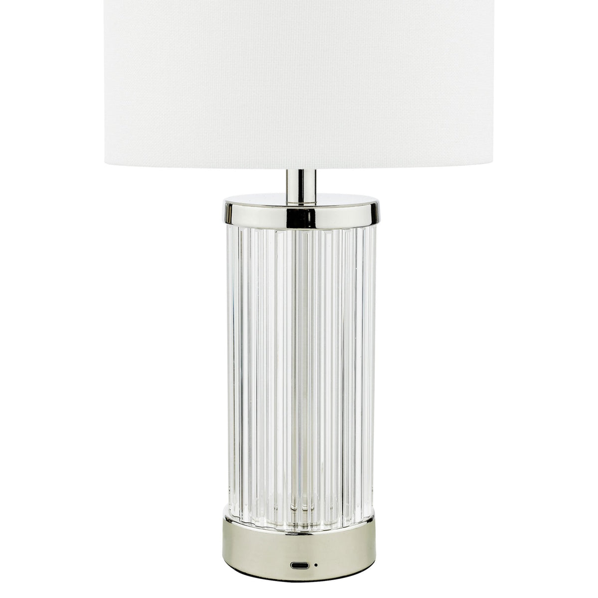 Enrico Rechargeable Table Lamp In Polished Nickel & Glass With White Linen Shade