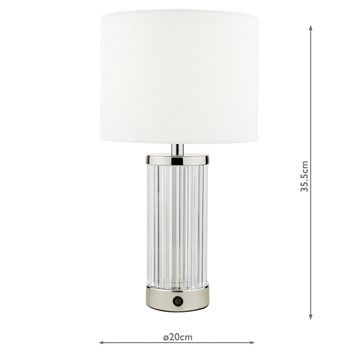 Enrico Rechargeable Table Lamp In Polished Nickel & Glass With White Linen Shade
