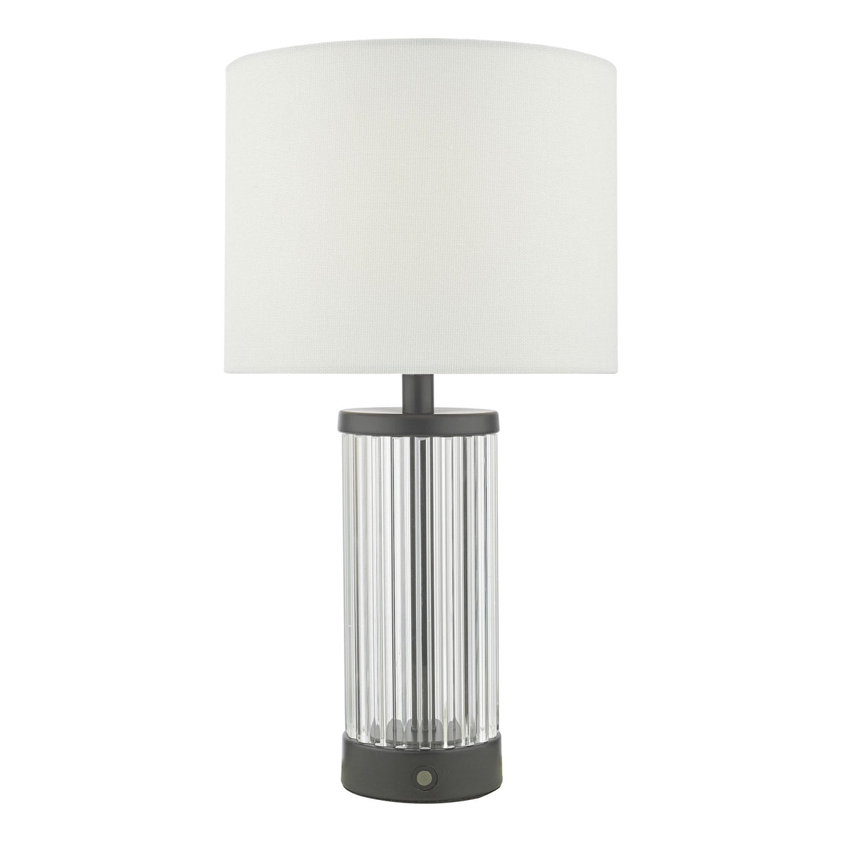 Table lamp with a white fabric shade and a fluted glass base on a white background.