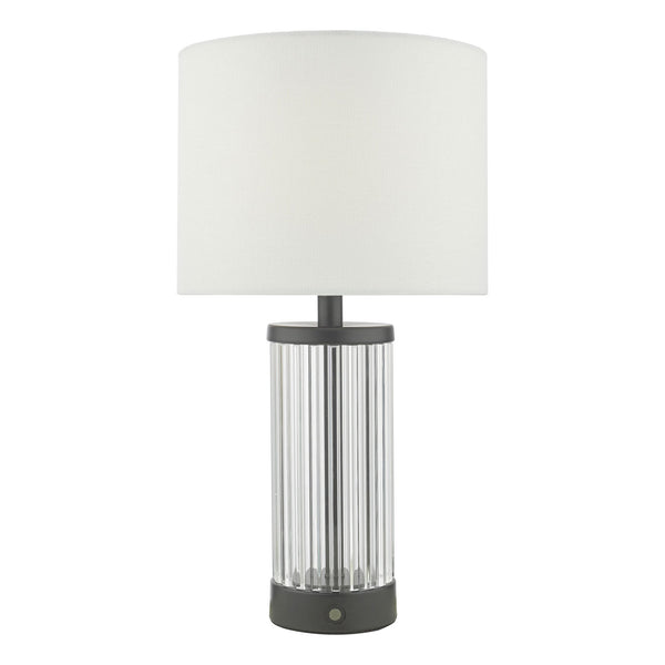 Enrico Rechargeable Table Lamp In Satin Black & Glass With White Linen Shade