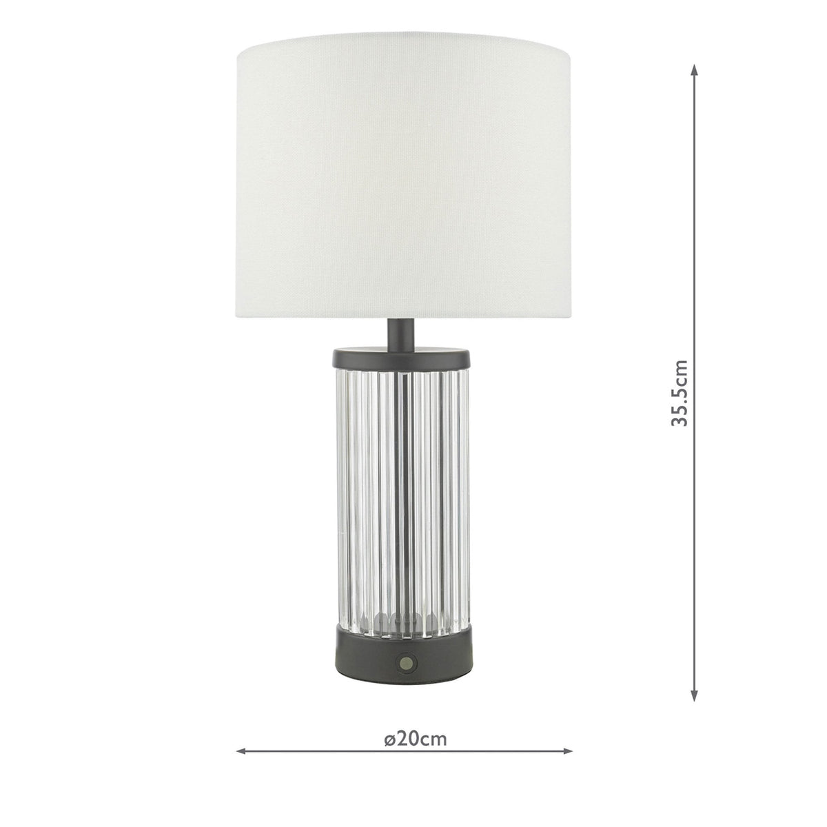 Table lamp with a white fabric shade and a clear fluted glass base, showing dimensions of 35.5cm height and 20cm diameter.