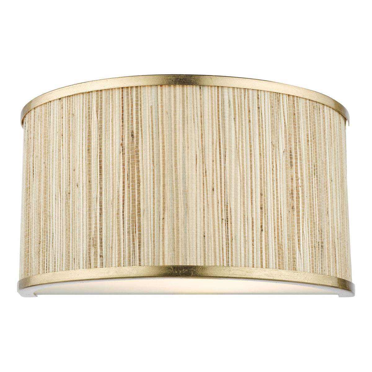 A half-round wall sconce with a woven beige shade and gold trim.