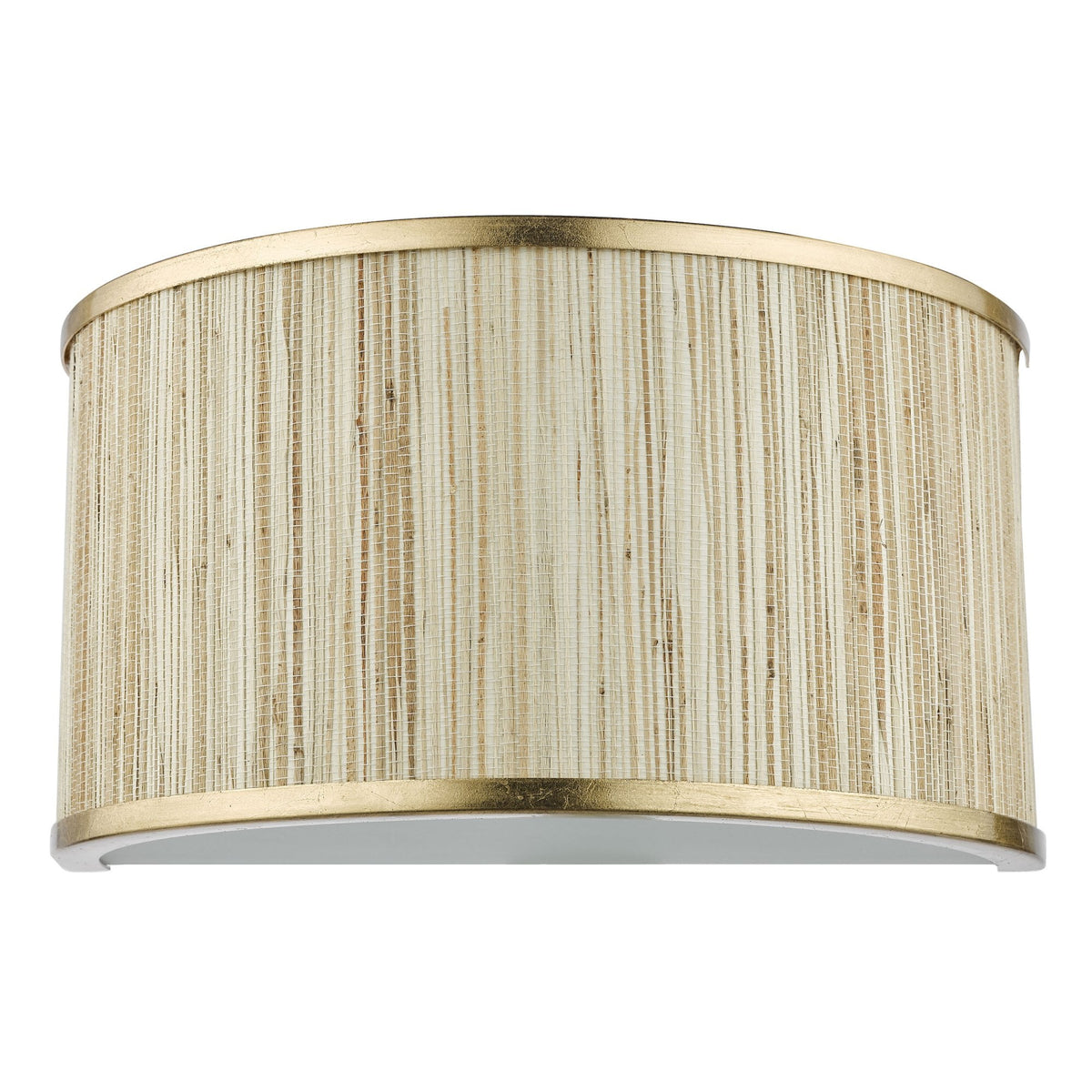 Textured sconce with a gold frame and a woven beige shade.