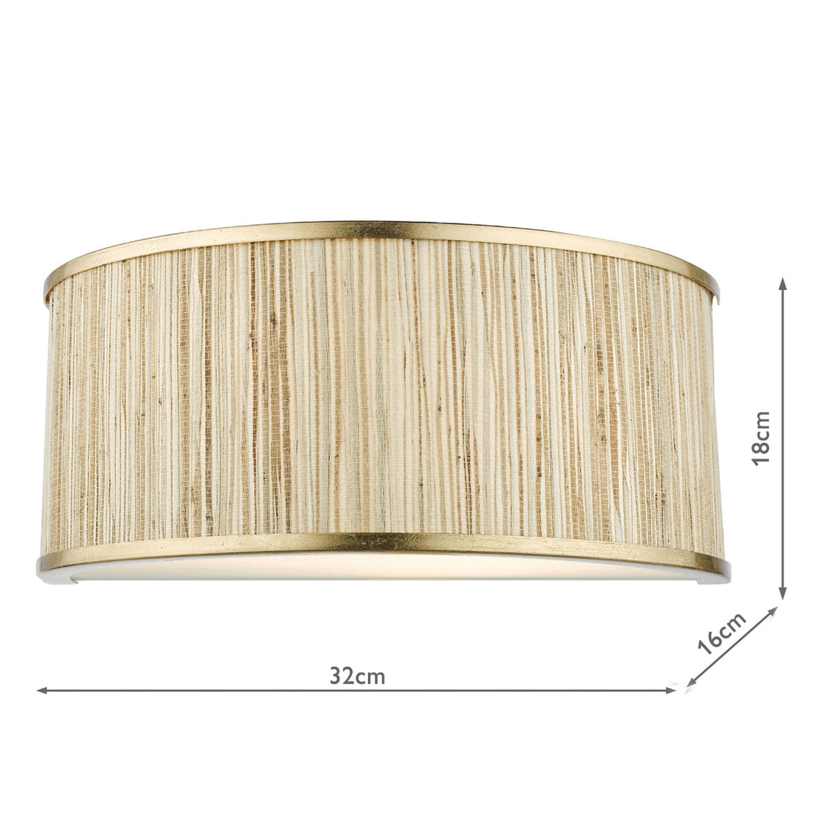 Half-round wall light with a woven straw shade and gold trim, showing dimensions of 32cm, 18cm, and 16cm.