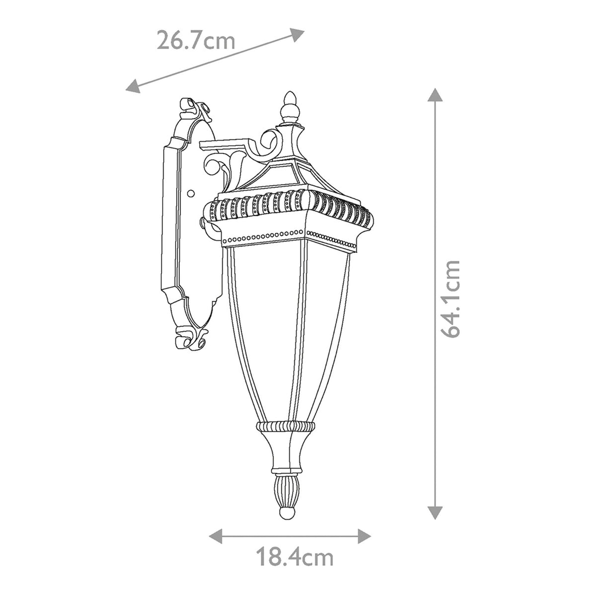 Line drawing of an ornate wall light with dimensions: 64.1cm high, 26.7cm wide, 18.4cm deep.