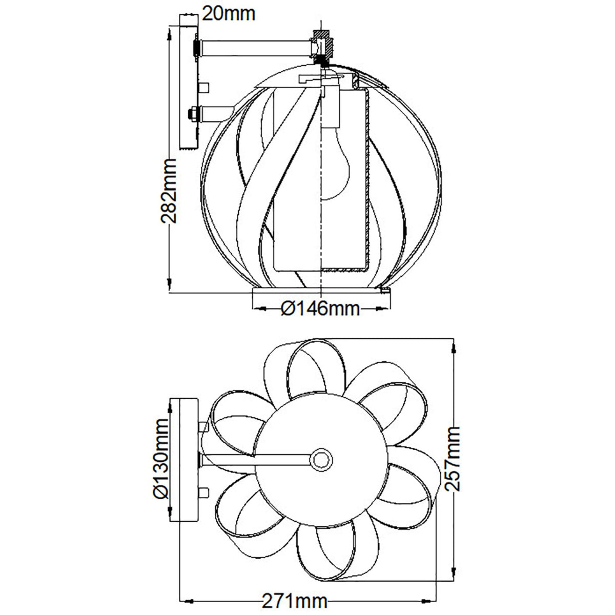 A technical drawing of the wall light with front and side views, showing precise dimensions.