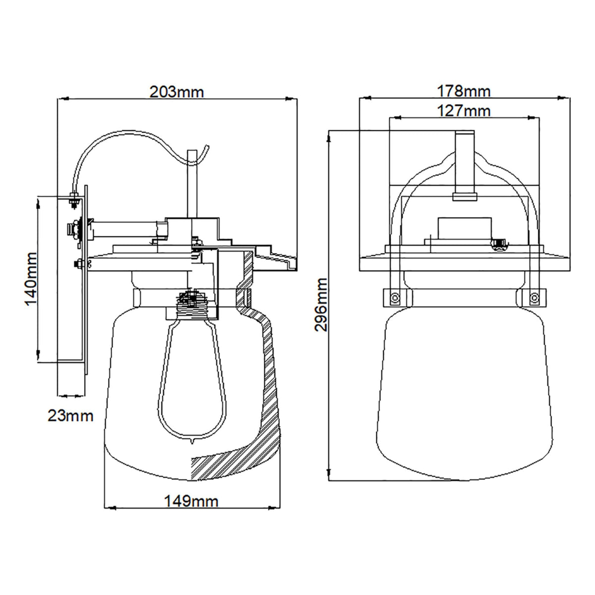 Line drawing of the outdoor wall light with detailed dimensions.