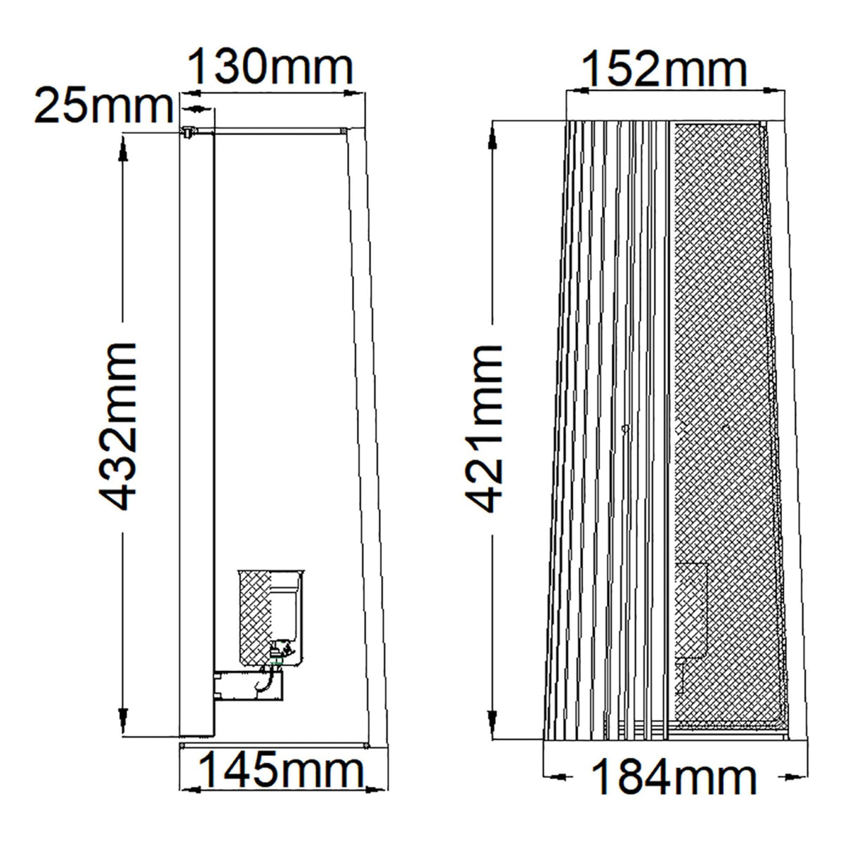 A technical diagram displays the precise dimensions of the black slatted wall light in millimetres.