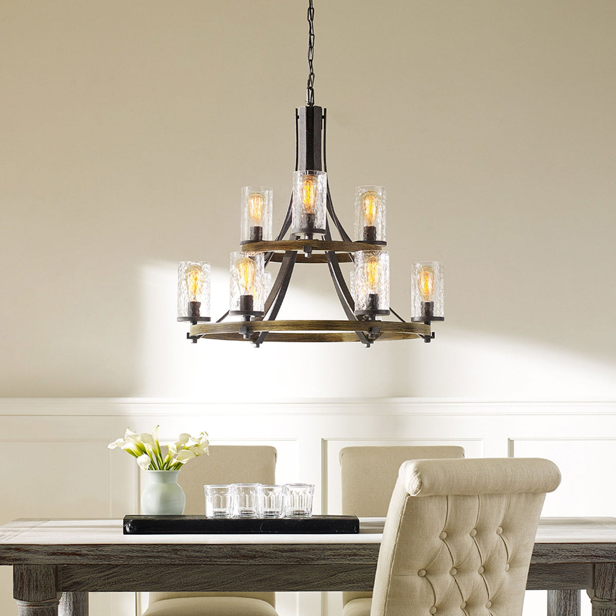 Angelo Nine Lamp Chandelier with Distressed Weather Oak