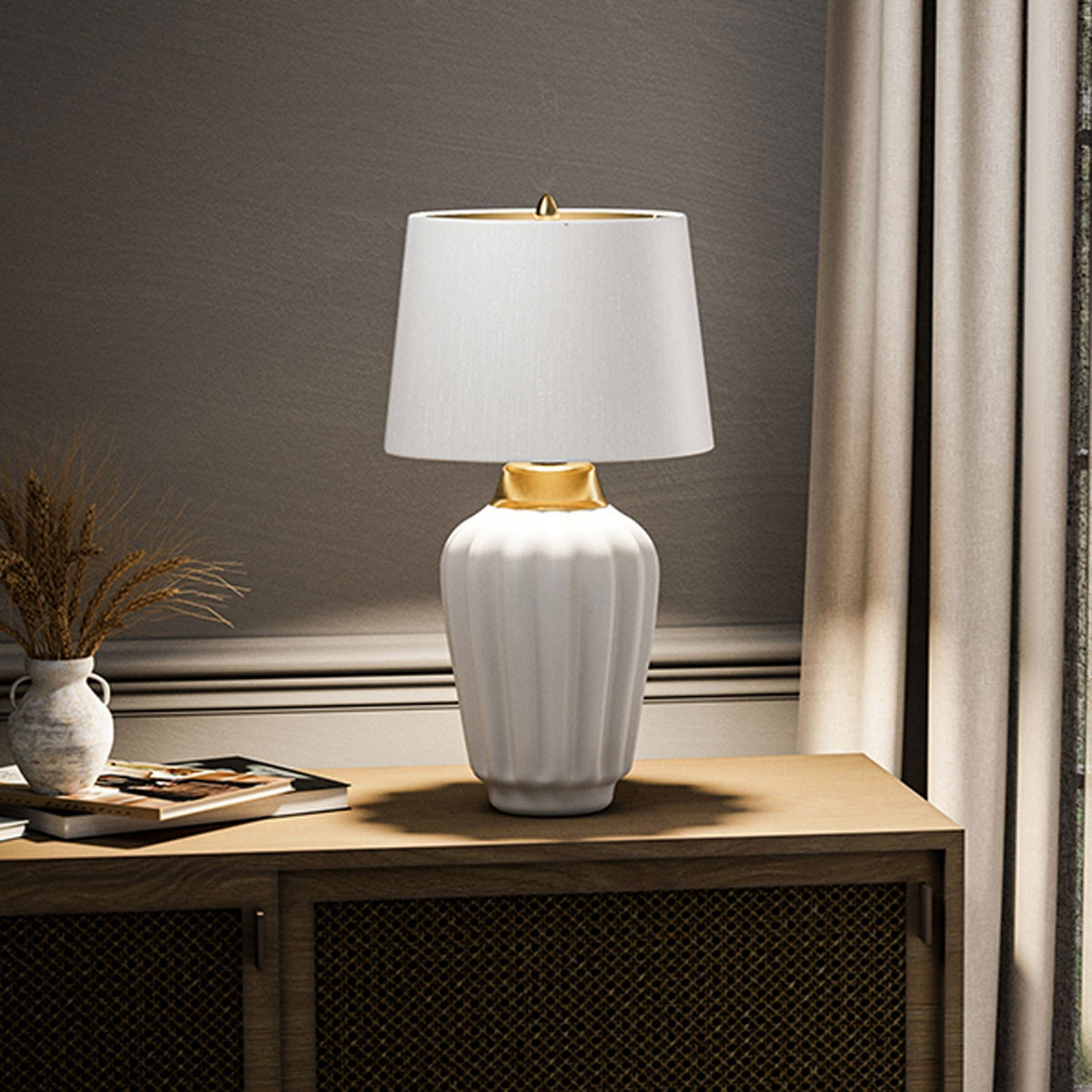 Bexley Table Lamp in Satin White with Polished Nickel Metalwork