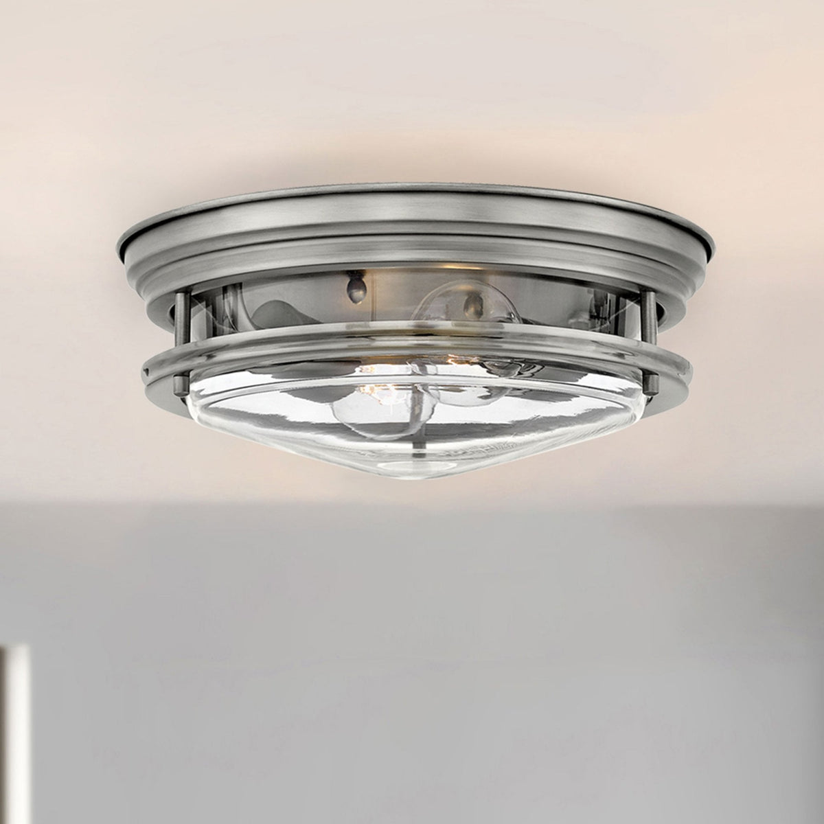 Hadrian IP44 Ceiling Light in Antique Nickel & Clear Glass