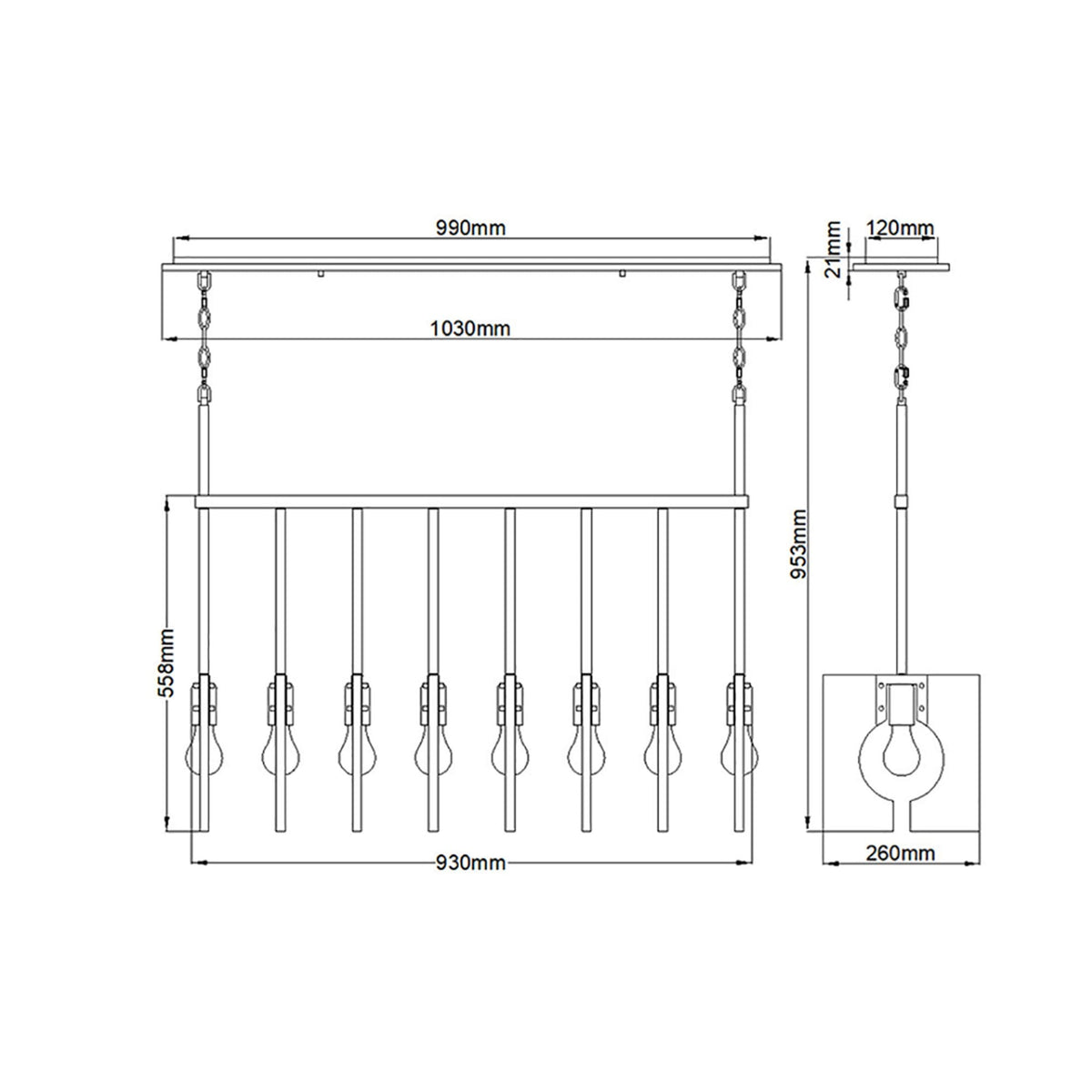 Ludlow Eight Lamp Linear Pendant in Polished Nickel
