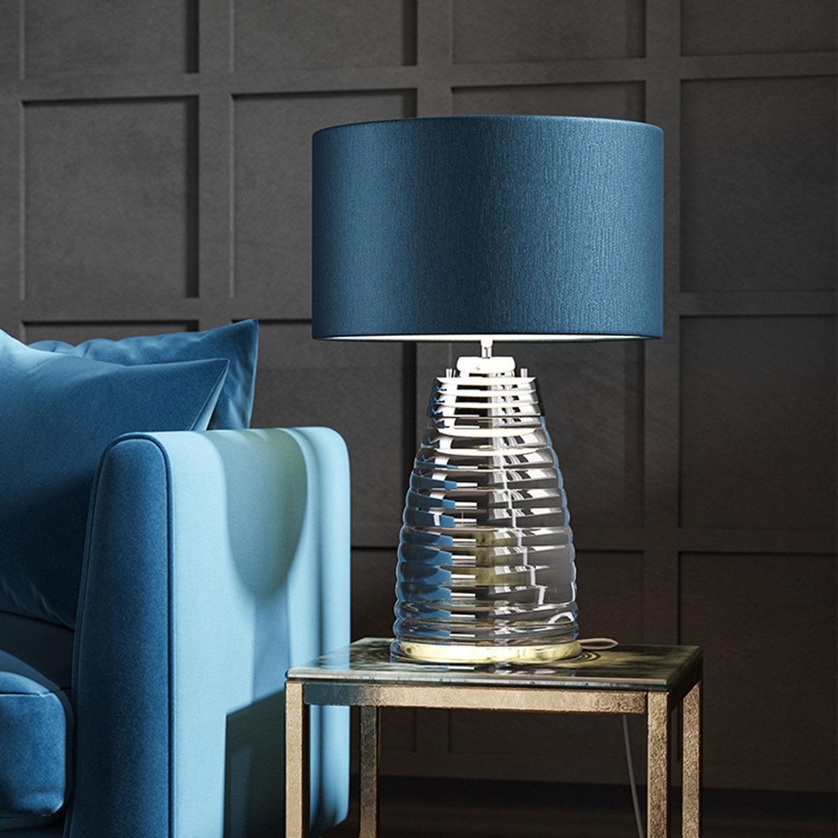 Milne Dual Lit Hand Blown Clear Glass Table Lamp with Teal Shade